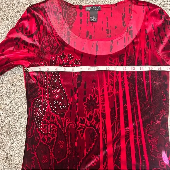 Carole Little Vibrant Red Patterned Vintage Holiday Y2K Velvet Beaded Blouse Top - Picture 7 of 7
